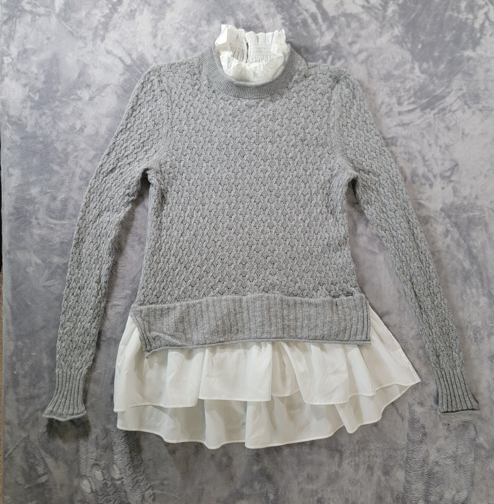 Ted Baker 2 Holina Ruffled Knit Sweater Shirt Layered Hem Gray White